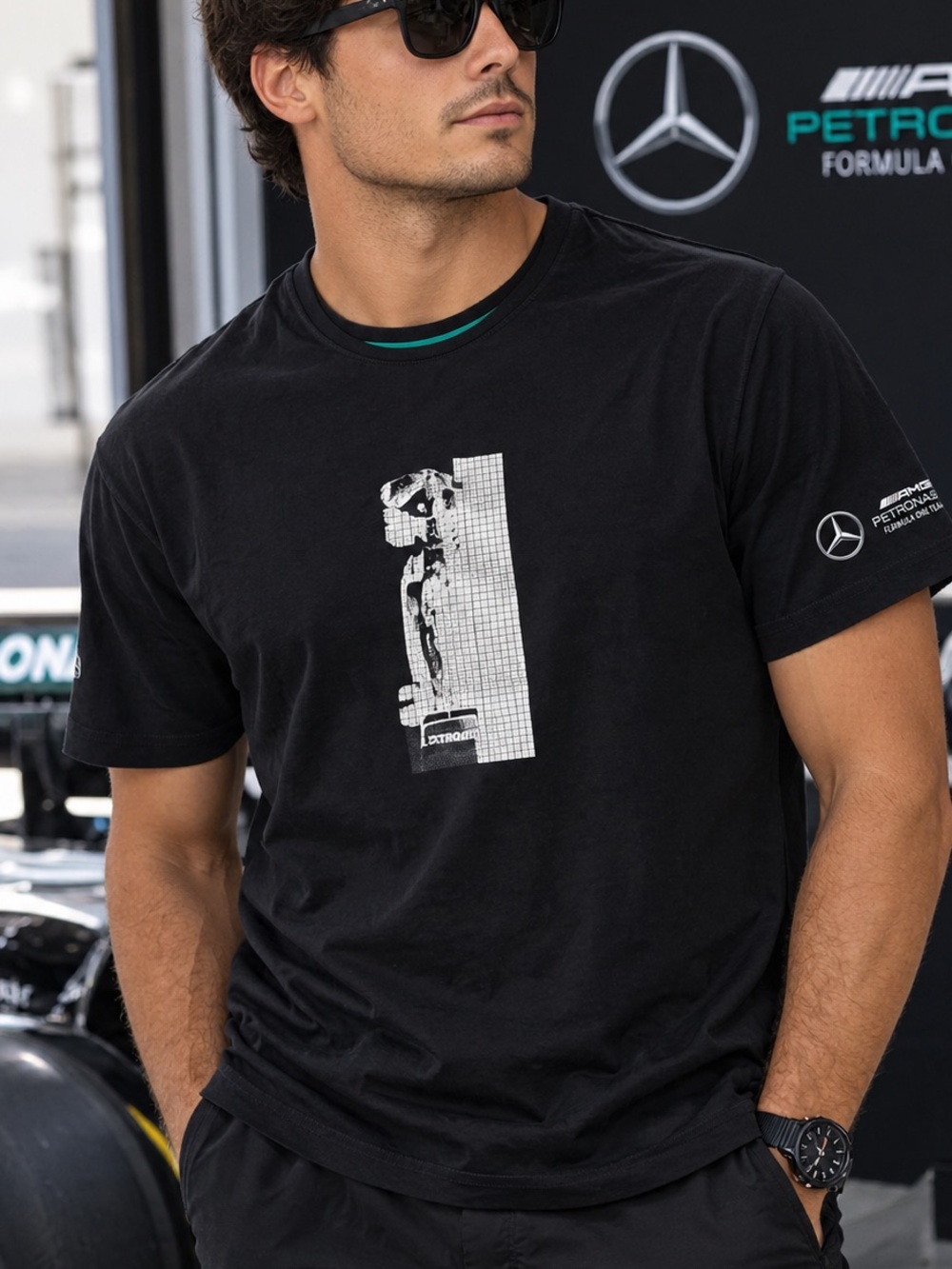PUMA Mercedes-AMG Petronas F1 Black T-Shirt White Race Car Graphic Mercedes